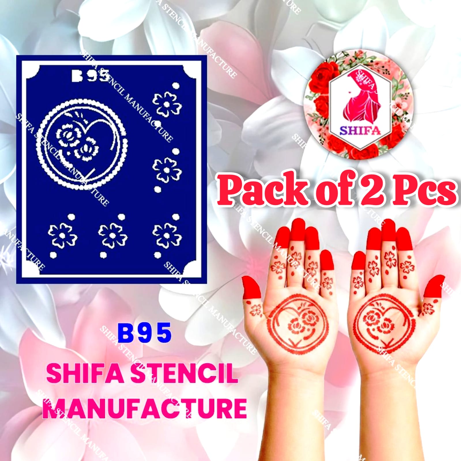 B95 (age 5 to 10) Rosy Heart Embrace Double Hand Henna Stencil - Shifa Stencil